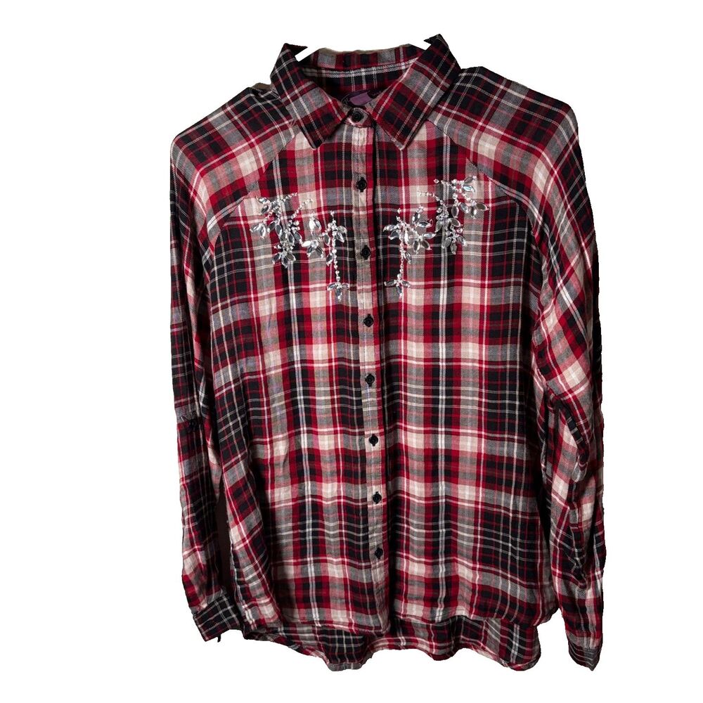 Gloria Vanderbilt Shirt Women's Small Red Black Button Up Plaid Rhinestone